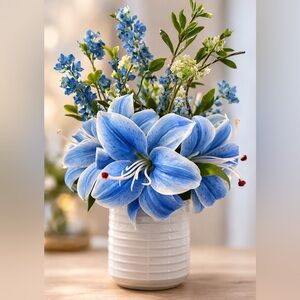 NWT Handcrafted Blue Floral Arrangement White Ceramic Vase Tabletop Decor